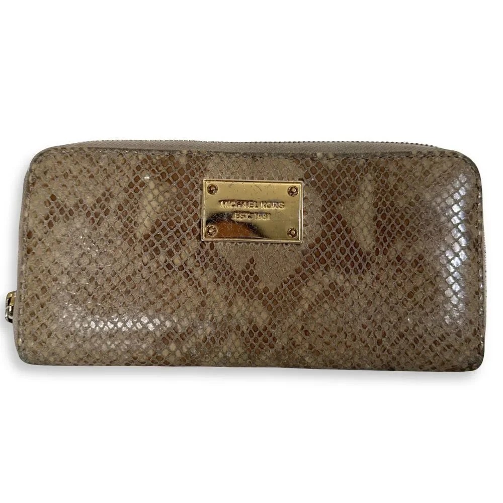 Michael Kors Women Grey Snake skin Zip Around Continental Wallet Golden Hardware